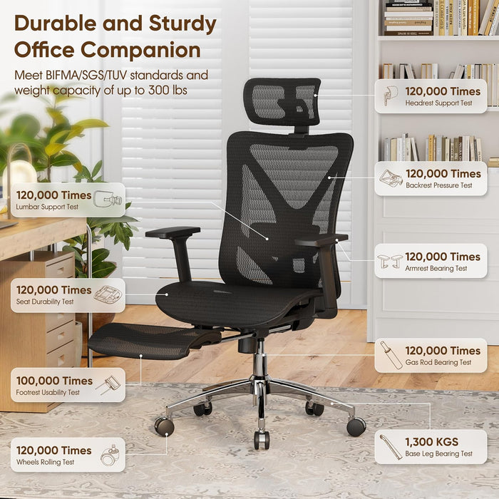 Ergonomic Office Chair with Footrest, 135° Reclining Desk Chair with Adjustable Lumbar Support,3D Armrest,Headrest & Large Steel Base, 300LBS Heavy Duty Mesh Chair