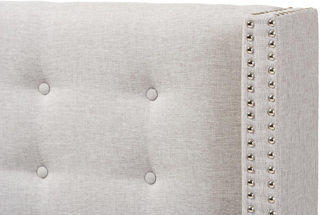 Ginaro Modern and Contemporary Greyish Beige Fabric Button-Tufted Nail Head Queen Size Winged Headboard/Contemporary/Fabric Polyester 100%"/Lvl/Mdf/Foam/Greyish Beige
