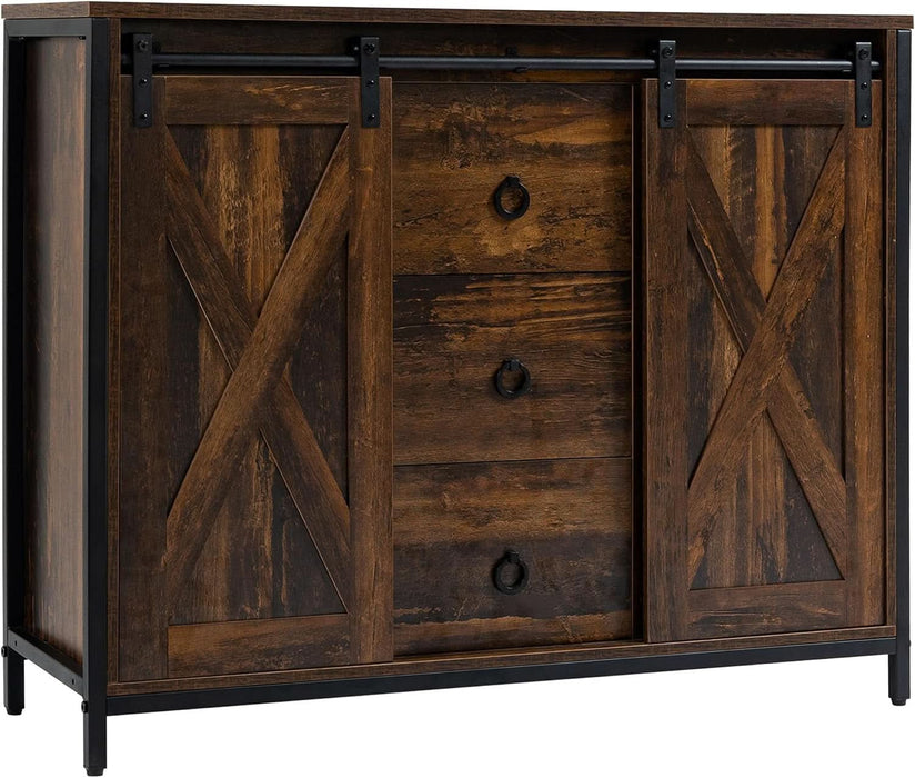 Industrial Farmhouse Buffet Cabinet, Kitchen Sideboard with Sliding Barn Doors, Three Drawers and Adjustable Shelves for Living Room, Rustic Brown