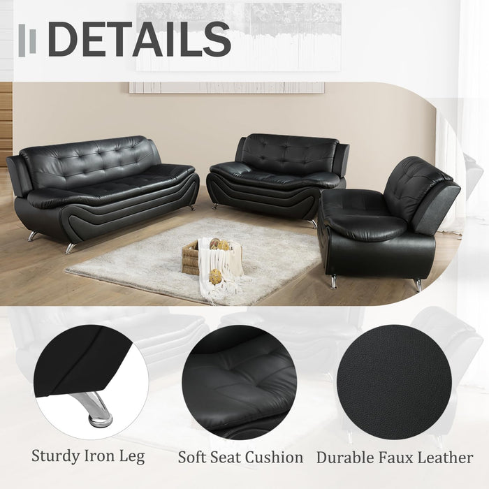 3 Piece Living Room Furniture Set, Leather Sofa Set for Living Room, Modern Couch Set with 3-Seater Sofa, Lovesat and Armchair (Black 1)