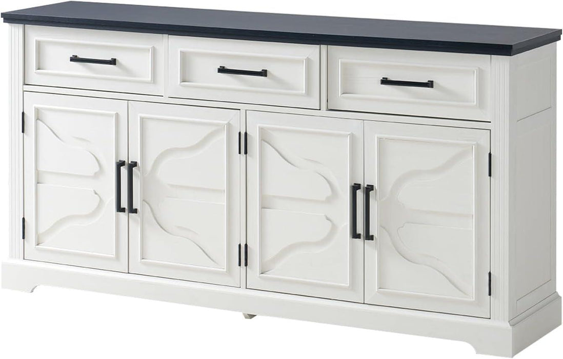 63" Farmhouse Buffet Sideboard Cabinet with 3 Drawers & Adjustable Shelves, White Coffee Bar Wine Bar Storage Cabinet for Kitchen, Living Room