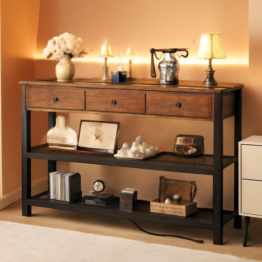 47'' Entryway Table with Outlets and USB Ports, Console Table with 3 Drawers, Sofa Table Narrow Long with Storage Shelves for Living Room, Couch, Hallway, Foyer, Kitchen Counter, Rustic Brown