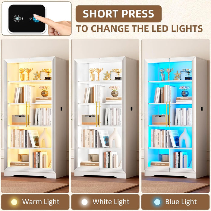 Display Cabinet with Glass Doors, 65" Tall Bookcase with LED Lights/Human Body Sensor, Display Case for Collectibles with Storage, Bedroom, Home Office, Living Room, White