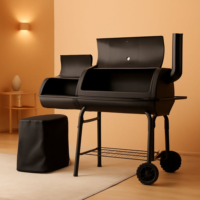 Outdoor Charcoal Grill with Cover, Large Barrel BBQ Grill with Offset Smoker, Great for Camping Patio Backyard Garden Party Picnic Beach, Large 420.SQ.IN Cooking Area, 2 Screwdrivers - Black