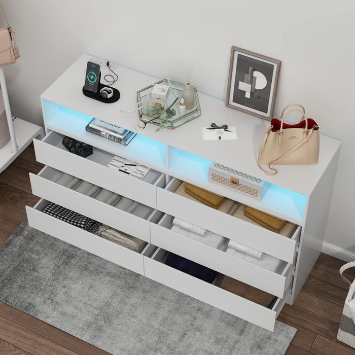 6 Drawer Double Dresser with Power Outlet, Accent Chests of Drawers with LED Light, Modern White Storage Dresser with Charging Station (Mirror Not Included)