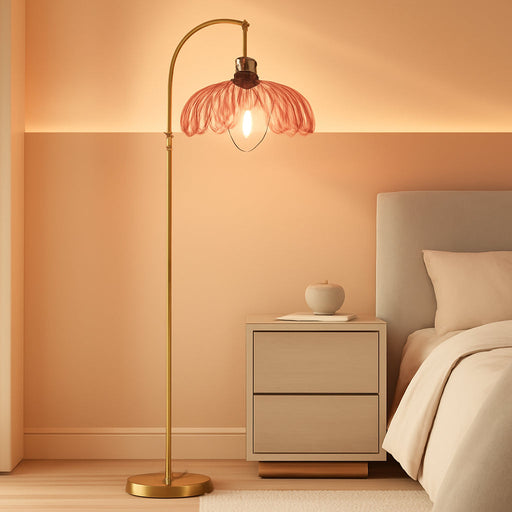 Gold Arc Floor Lamp for Living Room Bedroom,Mid Century Modern Standing Lamp with Remote,Dimmable Brass Tall Lamp Pink Flower Glass Lamp,Adjustable Vintage Floor Lamps Floor Light for Corner Office
