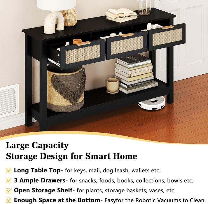 Entryway Console Table with 3 Rattan Drawers - Long Sofa Table behind Couch Modern Fluted Hallway Living Room Storage Cabinet, Entry Table Open Shelf Foyer Furniture, Anti-Tip, Black, 47 Inch