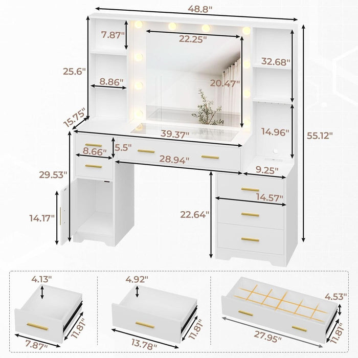 48.8'' Large Vanity Desk with Lighted Mirror & Power Outlet, White Makeup Vanity Table with 6 Drawers, 4 Shelves and 1 Storage Cabinet, Glass Tabletop Bedroom Dressing Table, 3 Lighting Modes