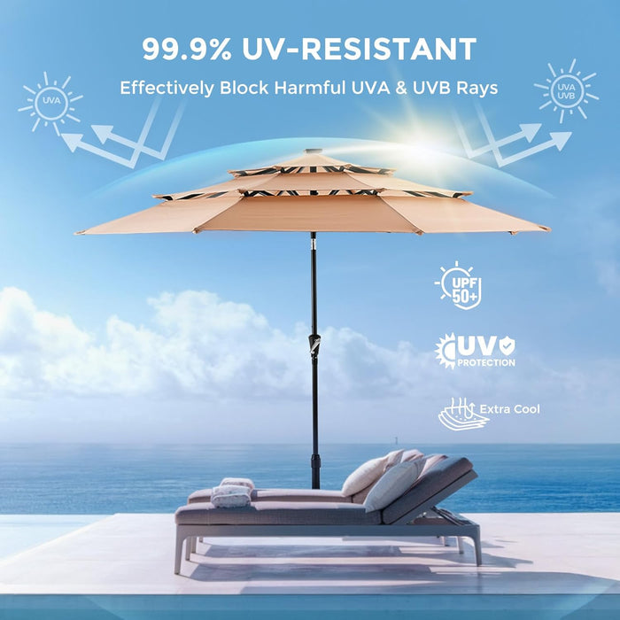 9FT 3-Tier Solar Patio Umbrella Heavy Duty, Vented Market Table Umbrella Windproof with 32 LED Lights, UPF50+, 5-Year Fade Resistant, 8 Thicker Ribs for Pool, Lawn, Garden, Deck (Beige,No Base)