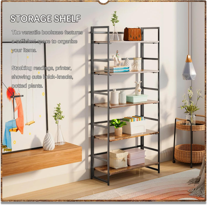 No Assembly 5 Tier Collapsible Book Shelves, 51.2" H X 23.6" W Folding Bookshelf Bookcase Open Industrial Foldable Shelf for Bedroom, Living Room, Home Office - Rustic Brown