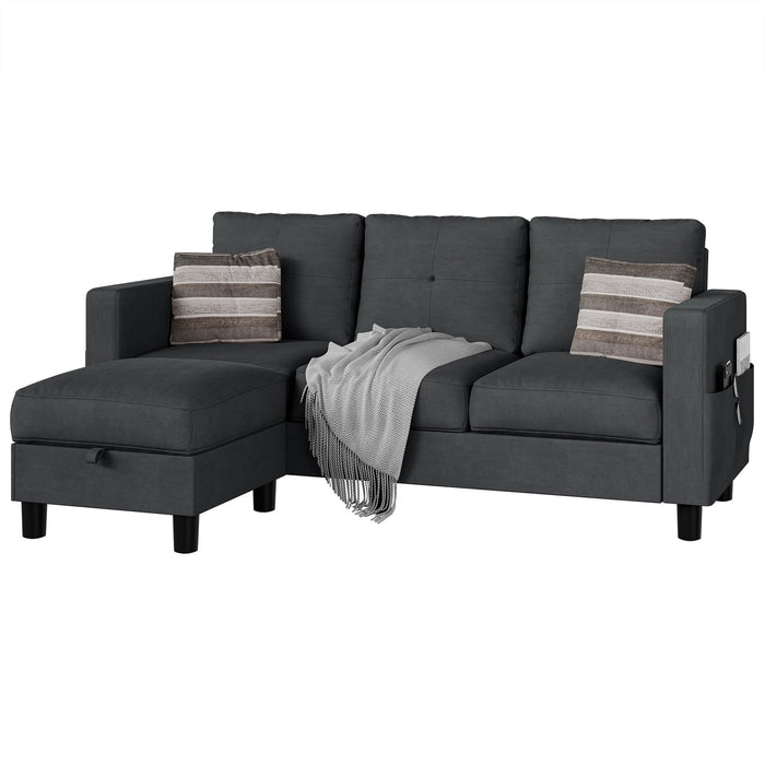 Convertible Sectional Sofa Couch L Shaped Couch Sofa for Living Room Small 3 Seater Sofa Couch with Storage Ottoman and Side Pockets(Grayish Black)