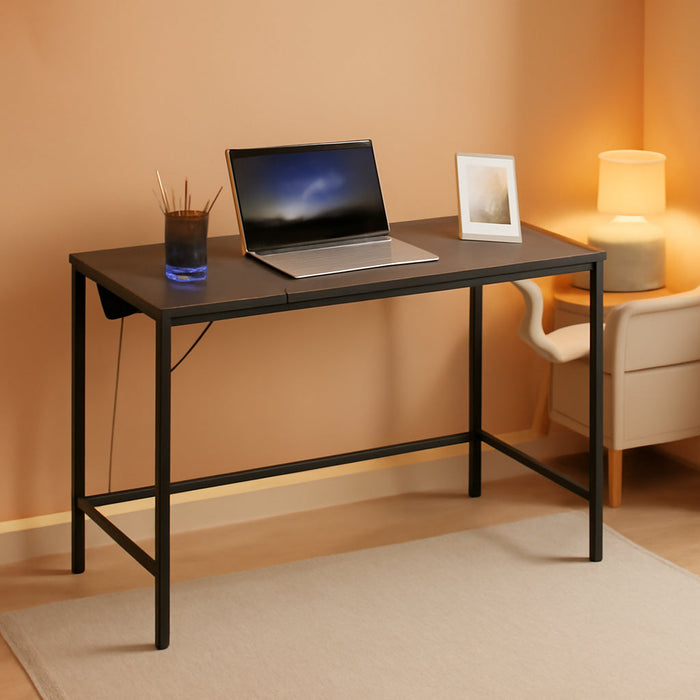 Computer Desk, Home Office Desk with Power Outlet, Modern Study Writing Desk with 3 Hooks for Study Room, Home Office, Sturdy and Stable, Easy to Assemble, Charcoal Gray and Black BC41UDN01