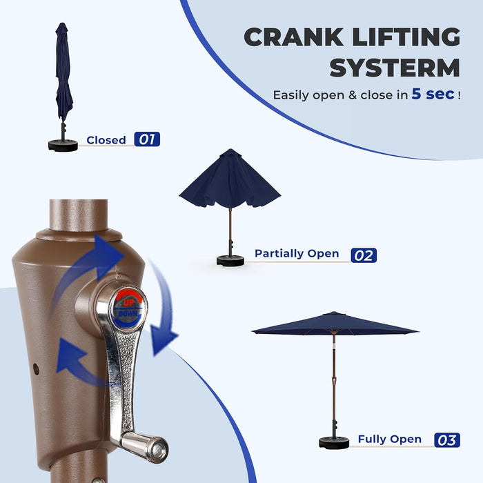 9Ft-Patio-Umbrella W/Push Button Tilt & Crank | Navy Blue | Outdoor Table Umbrellas W/ 8 Fiberglass Ribs | Large Market Umbrella Heavy Duty for Garden Deck Backyard Pool