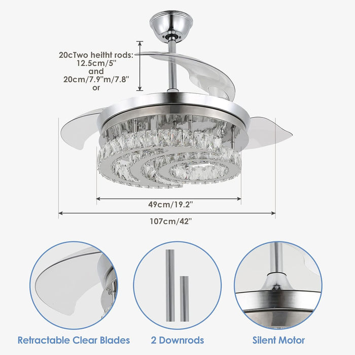 Crystal Ceiling Fan with Lights and Remote, Dimmable Fandelier
