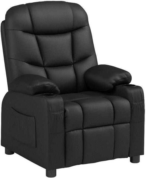 Kids Recliner Chair with Cup Holder, Adjustable Leather Lounge Chair W/Footrest & Side Pockets for Children Boys Girls Room, Ergonomic Toddler Furniture Sofa, Kids Recliner (Black)