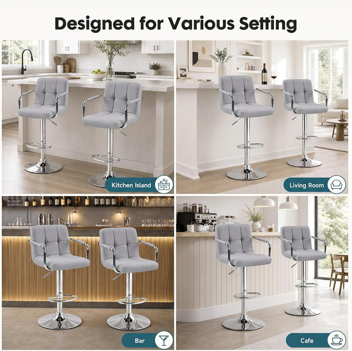 Swivel Bar Stools Set of 4, PU Leather Counter Height Stool with Arm | Upholstered Bar Chairs with Back, Barstools, Adjustable Height, Metal Legs, Kitchen Island, Cafe, Pub, Light Grey