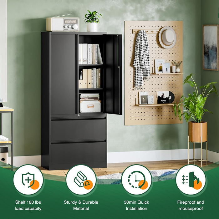File Cabinet for Home Office, Metal Storage Cabinets with Adjust Shelves and Lock,2 Drawers Filing Cabinets-Hang Legal/Letter/A4/F4 Size Filing-Black