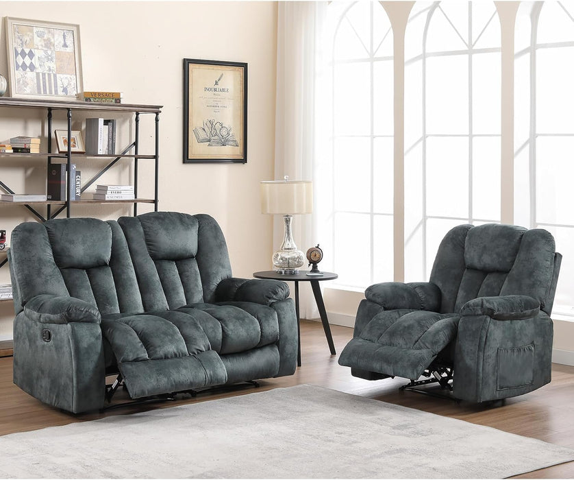 Reclining Living Room Set, Soft Fabric Manual 2 Piece Recliner Sofa Set, Included Recliner Chair with Massage and Heat and Loveseat Daul Recliner, Green Grey(Recliner+Loveseat)
