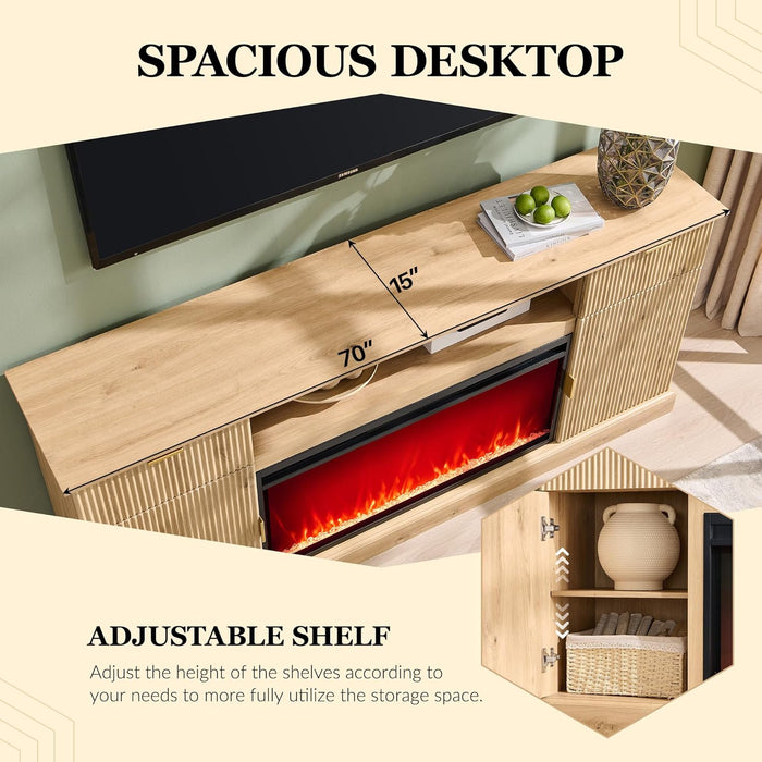 Fluted Fireplace TV Stand for Tvs up to 80 Inch, Modern Entertainment Center with 36" Electric Fireplace, Wood Media Console W/Drawers and Adjustable Shelves for Living Room, Natural