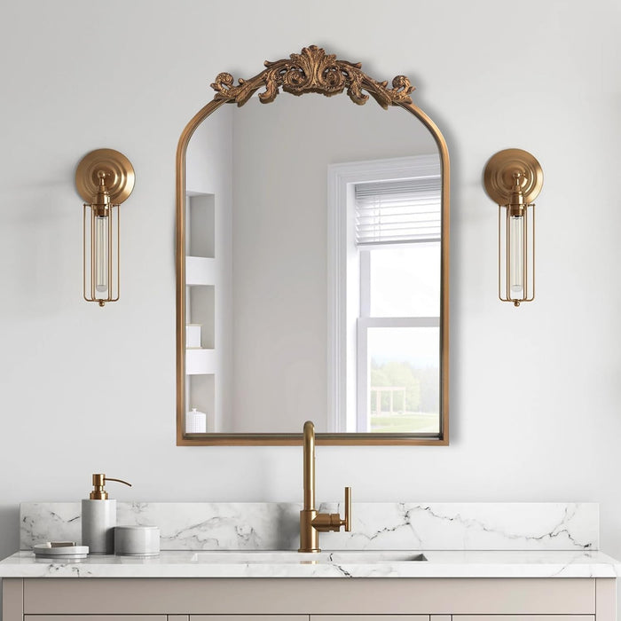Antique Mirror,Gold Traditional Vintage Ornate Baroque Arched Brass Wall Mounted Mirrors for Entryway/Fireplace/Living Room/Hallway/Bathroom 19"X27"