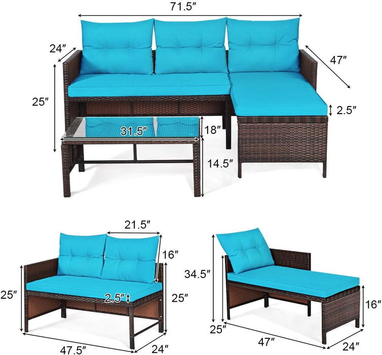Patio Corner Sofa Set 3 Piece, Outdoor Rattan Sofa Set, Includes Lounge Chaise, Loveseat & Coffee Table, Patio Garden Poolside Lawn Backyard Furniture