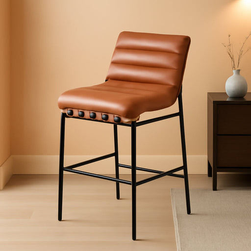 846Cognac-C Burke Collection Modern | Contemporary Bar Stool with Soft Cognac Vegan Leather, Matte Black Metal Frame, White Oak Veneer Metal Dowel, 18" W X 24" D X 40.5" H, Cognac