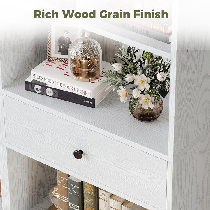 Bookcase and Bookshelves, 70" Tall Bookshelf Floor Standing 6 Tiers Display Storage Shelves, Book Shelf with Drawers for Home Office, Living Room, Bedroom, Library, White