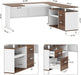 63 Inch Executive Desk with File Cabinet, L Shaped Office Desk with Drawers and Storage Shelves, Business Furniture Set Workstation for Home Office, White and Walnut
