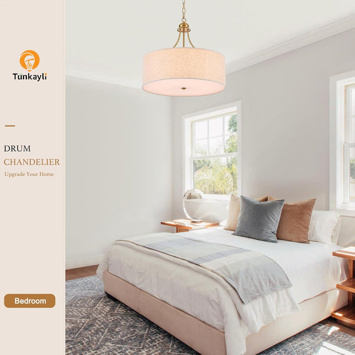 21.8" Large Drum Chandelier, 6-Light Gold Linen Light Fixture
