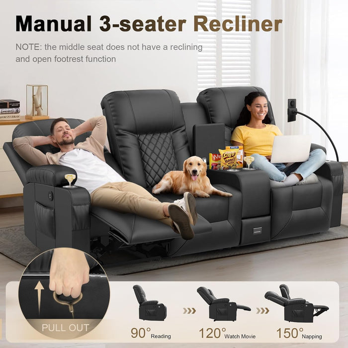 3 Seat Recliner Sofa, Large Reclining Sofa with Storage Console, Manual Reclining Chair with USB Ports, 2 Cell Phone Holder, 3 Seater Loveseat Recliner Couch for Living Room