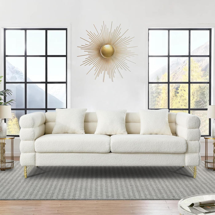 2 Piece Living Room Sofa Set, Comfy Boucle Couch with Loveseat and 3 Seater, Upholstered Sofa Couch with 2 Pillows and Deep Seat Design for Office, Waiting Room, White Teddy