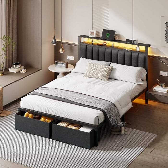 Queen Bed Frame with Storage Drawers and Upholstered Headboard