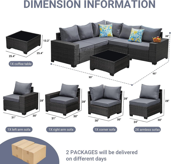 6-Piece Patio Furniture Set, All-Weather Outdoor Wicker Sectional Sofa with Cushions, Glass Table & Left and Right Armrest, Rattan Conversation Seating for Porch, Garden, Backyard,Grey