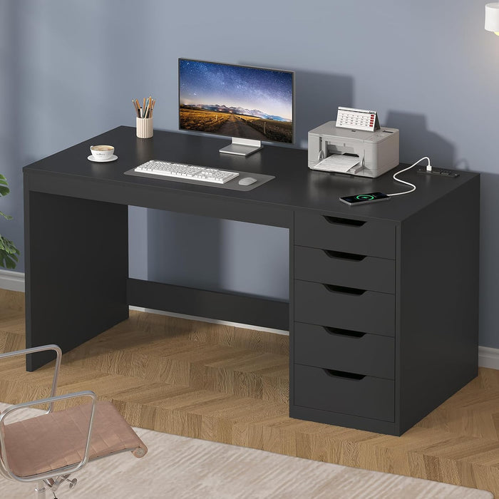 47 Inch Computer Desk with 5 Drawers and Power Outlets, Home Office Desks with Storage File Cabinet, Modern Simple Laptop Desk Writing Table for Small Spaces, Black