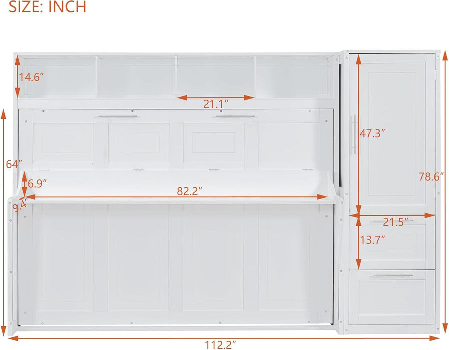 Queen Size Murphy Bed Wall Chest with Closet and Storage Drawers,Wood Hideaway Platform Bedframe Can Be Folded,Easy Assembly,For Kids Bedroom,Student Dorms,White