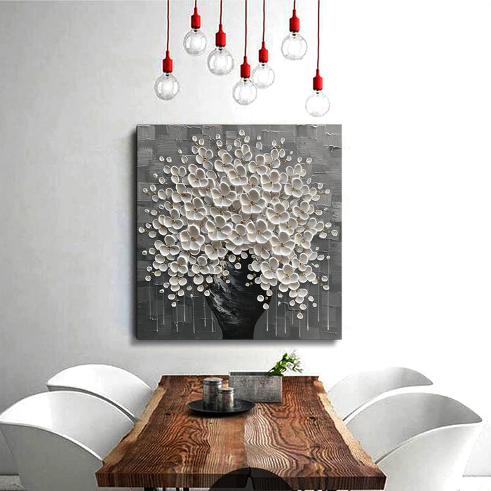Hand Painted 3D Flower Painting White Flower in Black Vase 24X24Inch Abstract Canvas Wall Art for Living Room Bedroom Ready to Hang