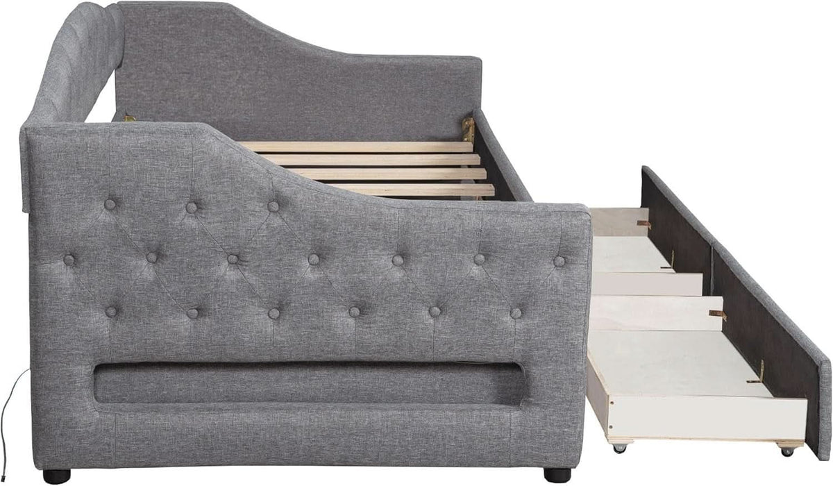 Twin XL Size Modern Upholstered Platform Bed with 2 Drawers, Linen Sofa Daybed with Wood Slat Support, Storage Bed Frame, Space Saving/Gray