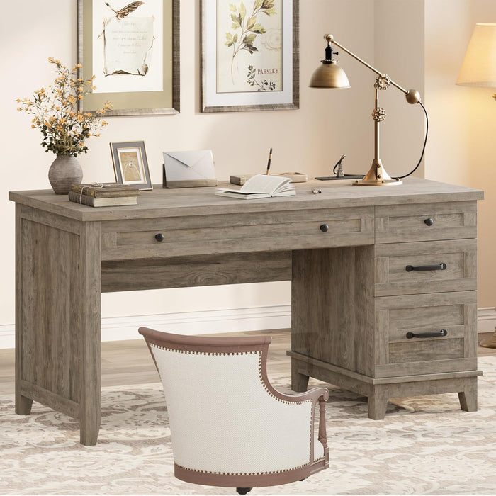 53.5" Farmhouse Computer Desk with Charging Station, Rustic Black Home Office Executive Desk, Wooden Workstation with File Cabinet Storage Drawers for Writing & Study, Rustic Gray