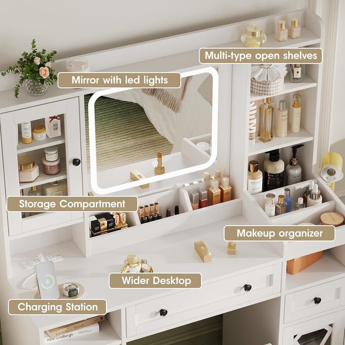 44.5" W Large Vanity Desk with Mirror,Cushioned Stool Makeup Vanity Table Set with Adjustable LED Lights and Power Outlet,Storage Drawers,Shelves for Bedroom Dressing Room White