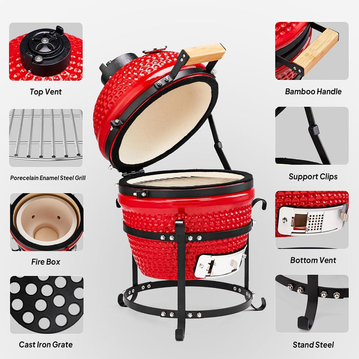 13IN Red Spherical Ceramic Charcoal Grill with Inner Liner, Portable BBQ Smoker for Outdoor Cooking, Camping, and Backyard Grilling