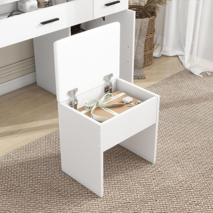 Vanity Desk, Makeup Table with Lights Vanity Set with 3 Drawers, 1 Cabinet & 6 Shelves 3 Lighting Modes Brightness Adjustable Dressing Table with Cushioned Stool for Bedroom, Dressing Room (White)