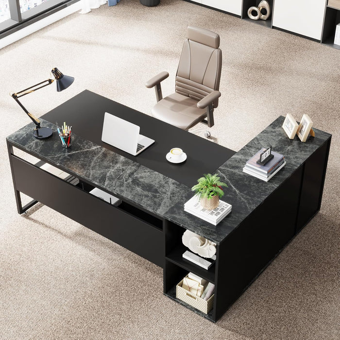 Large Executive Desk with File Cabinet, 71 Inch L Shaped Computer Desk Office Desk with Drawers and Storage Shelves, Business Furniture Desk Workstation for Home Office, Black