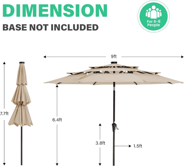 3 Tiers Patio Umbrella with Solar Lights 9Ft Outdoor Market Table Umbrellas with Push Button Tilt for outside Pool Garden, Tan