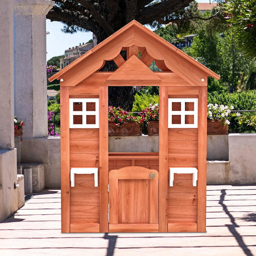 Kids Playhouse, Outdoor Playhouse for Age 3-8 Boys Girls, Wooden Cottage Playhouse with Door, Windows, Flowerpot Holder and Side Snack Window, Play House for Outdoor Garden Lawn Patio Yard