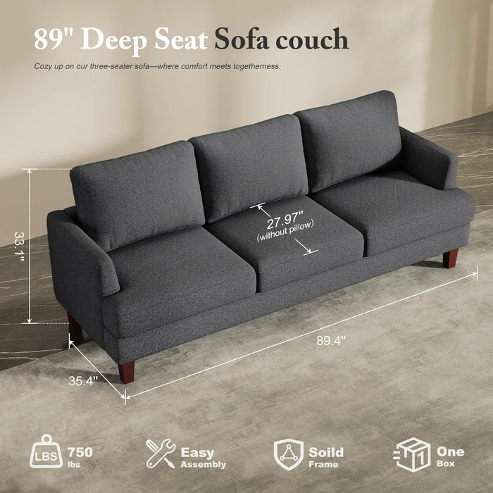 89 Inch ThreeSeater Upholstered Sofa DarkGrey LivingRoom