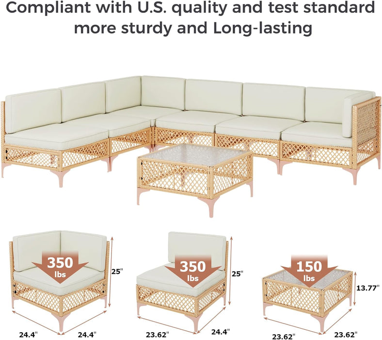 Outdoor Patio Furniture Set, Wicker Outdoor Sectional Set, Boho Patio Conversation Sectional Sofa with Large Tempered Glass Coffee Table and Waterproof Cushion (7-Piece Patio Furniture)