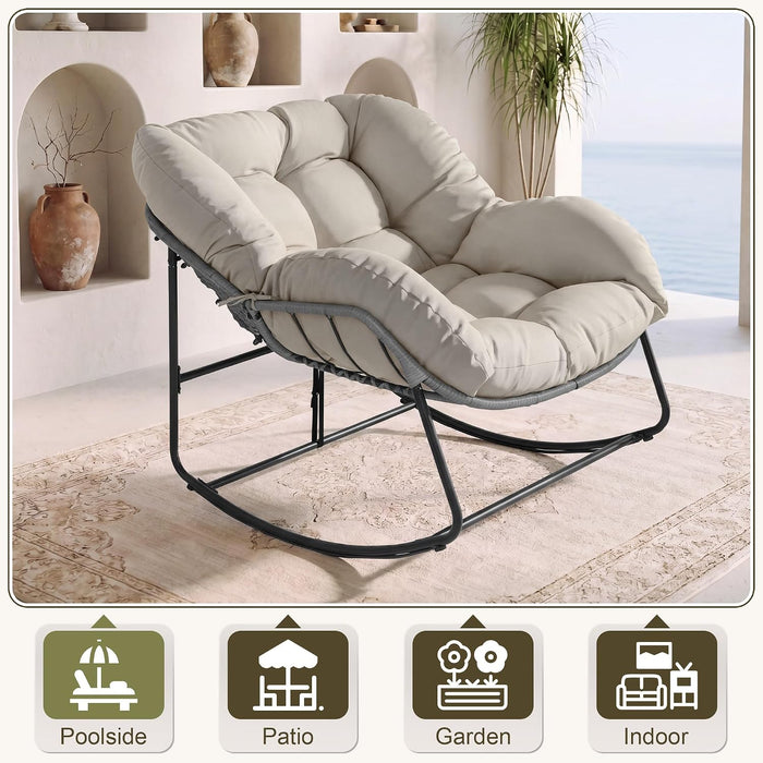 Oversized Egg Rocking Chair for Indoor Outdoor – All-Weather Wicker Rattan Lounge Chair with Cushion Patio Rocker for Porch Garden or Balcony (Beige)