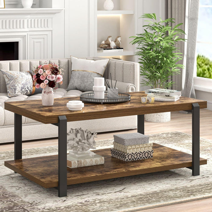 Modern Coffee Table, Rustic Wood Center Table with Storage for Living Room, Industrial Rectangle 2 Tier Low Cocktail Tea Table, Rustic Brown