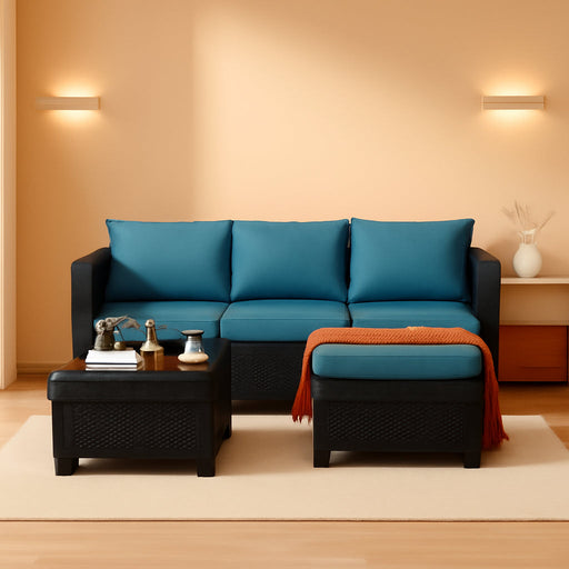Outdoor Furniture Set 3 Pieces Wicker Patio Furniture Outdoor Sectional Patio Couch Outdoor Coffee Table All-Weather Non-Slip Cushions Waterproof Covers, Peacock Blue