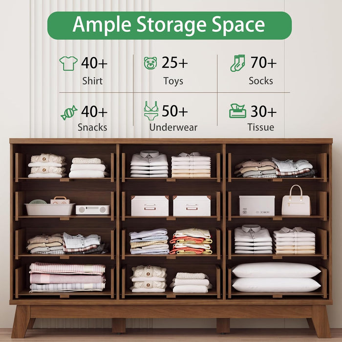 Fluted Dresser for Bedroom with 12 Drawers, 57" Wide Modern Chest of Drawers with Metal Handle, Wooden Dresser TV Stand, Wood Closet Clothes Storage Organizer for Living Room, Hallway, Walnut
